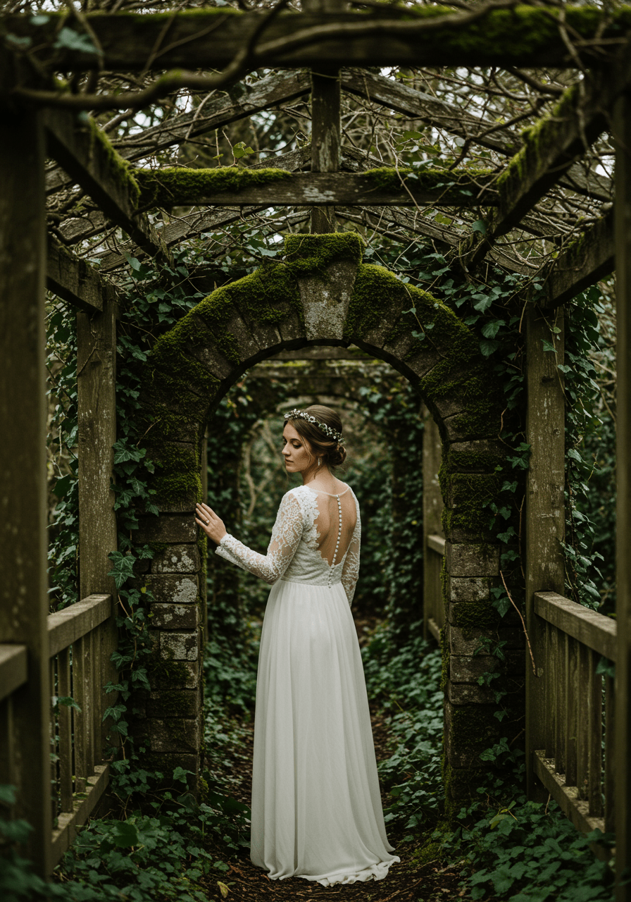 Moss-covered wooden ceremony arch surrounded by towering trees and ferns in forest clearing