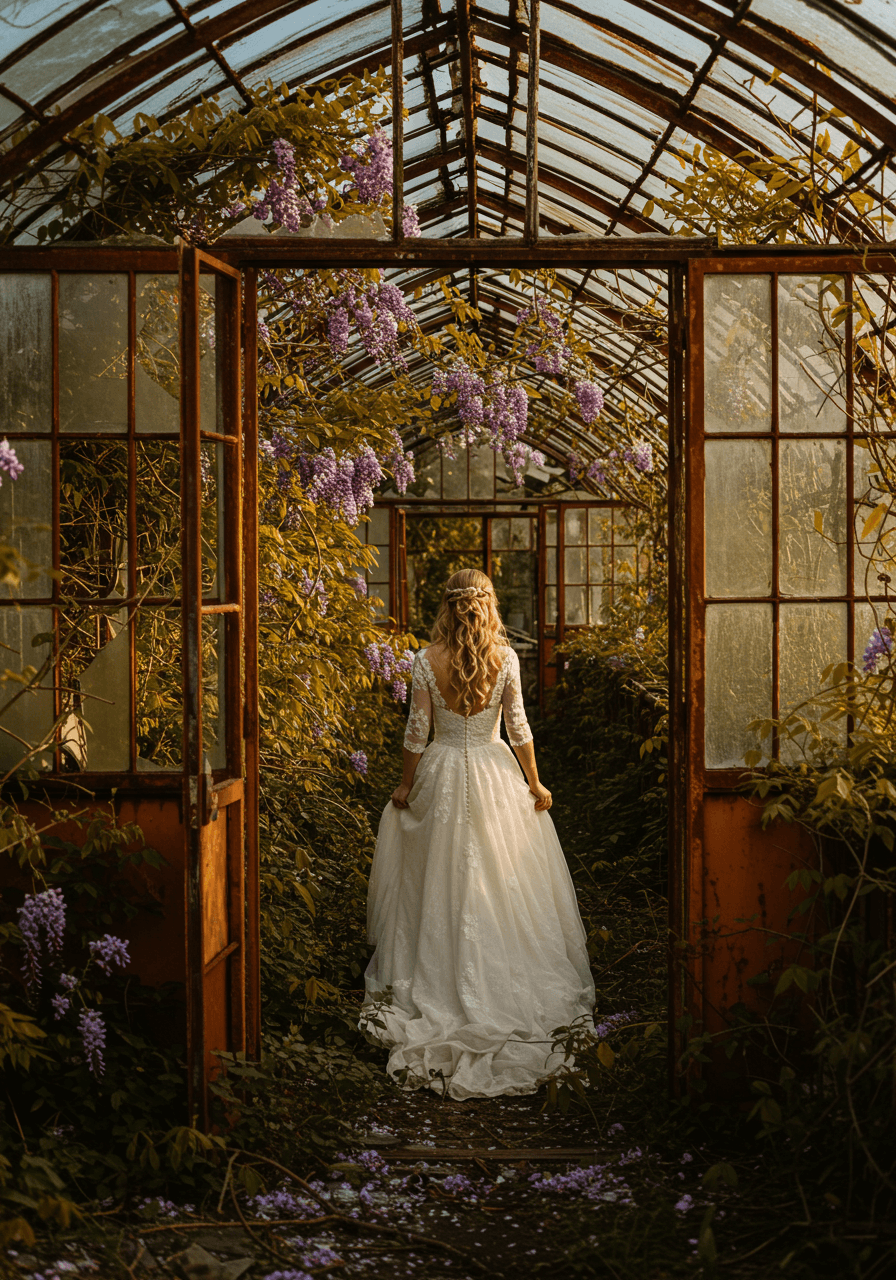 Bohemian bride in forgotten greenhouse with wild vines and golden light through broken glass