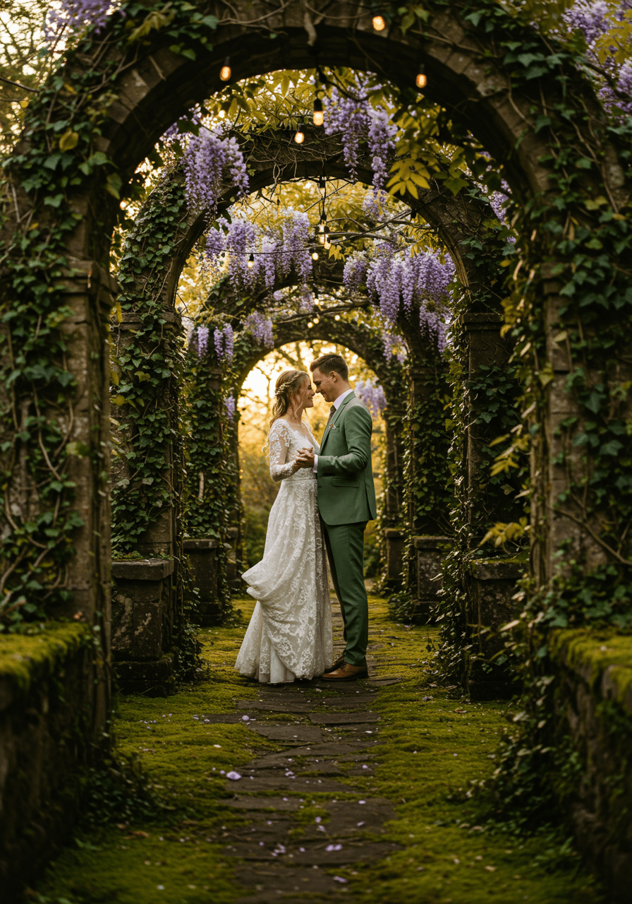 Close-up of couple dancing beneath cascading wisteria with golden hour lighting filtering through leaves