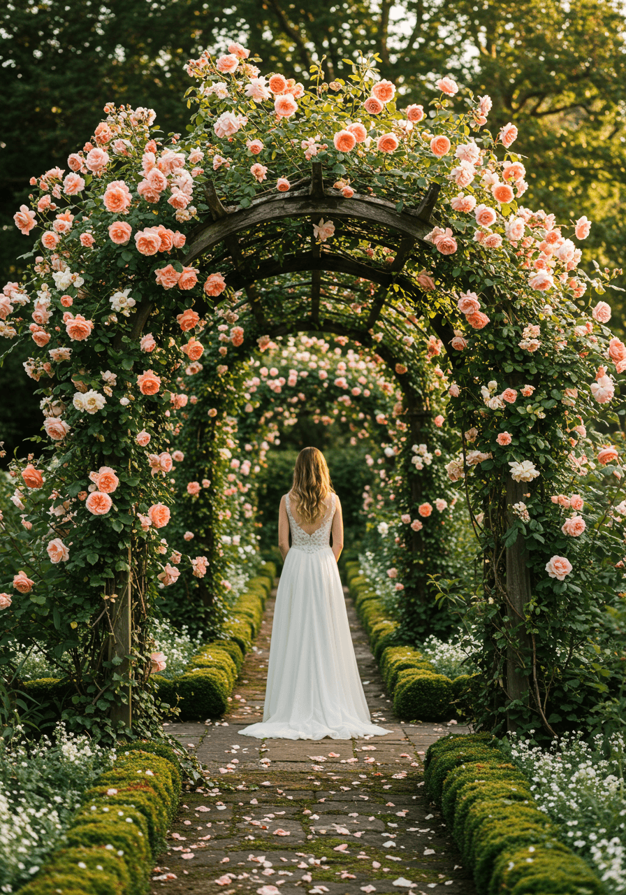 Bride in flowing lace gown standing beneath elaborate rose arbor with climbing roses in multiple hues