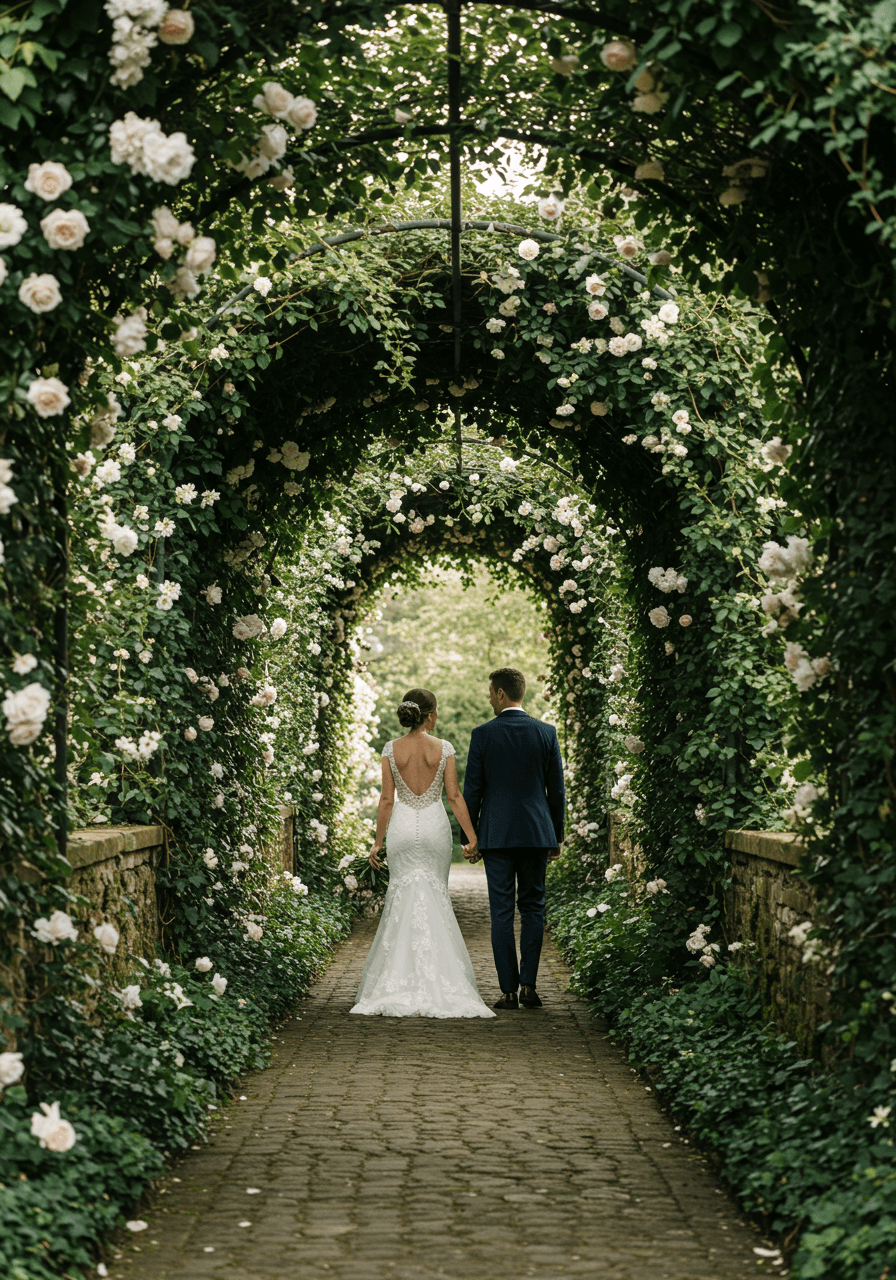 Couple walking hand-in-hand through tunnel of flowering arches on cobblestone pathway