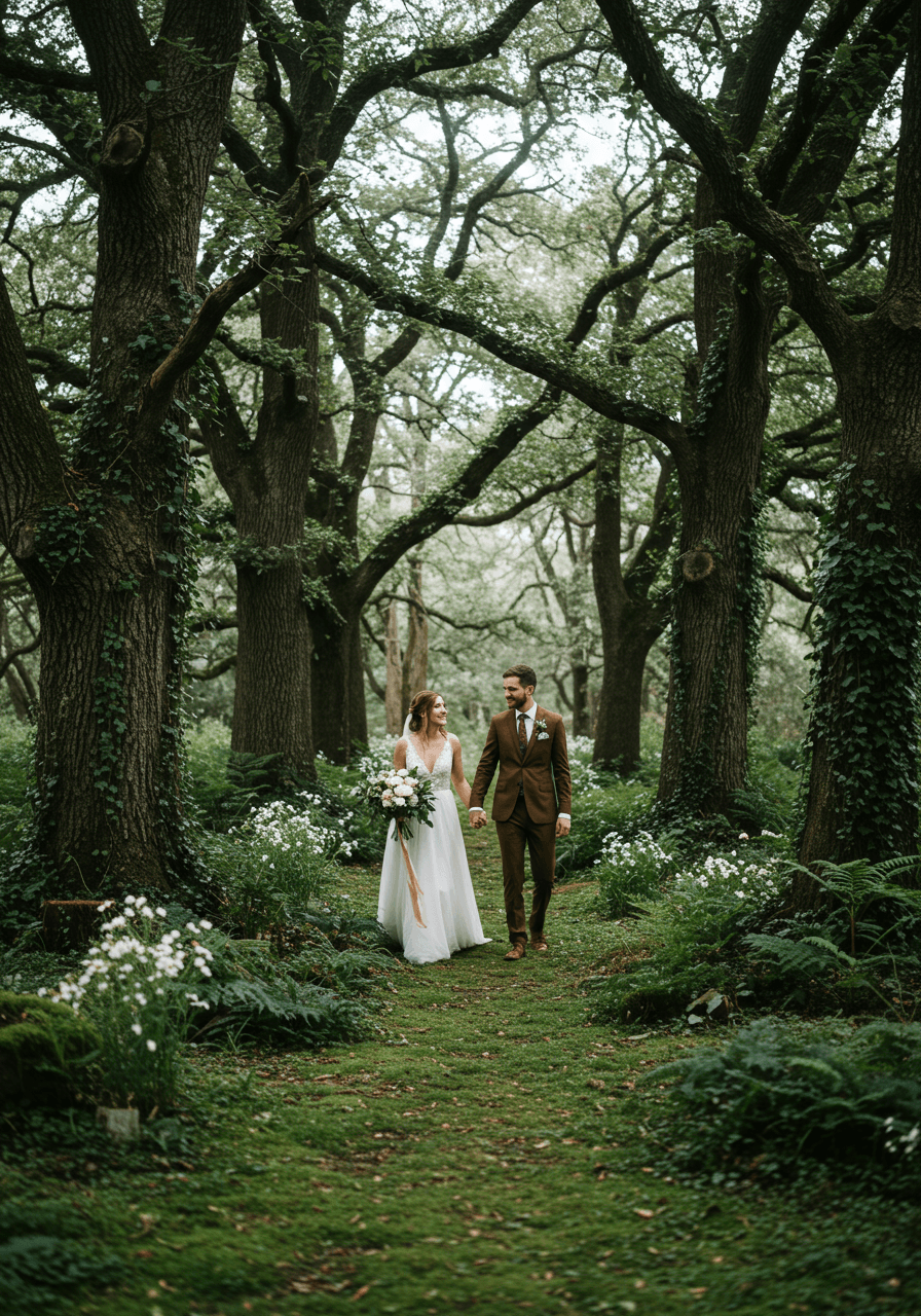 Bride and groom walking hand-in-hand down moss-covered forest aisle lined with oak trees and wild ferns