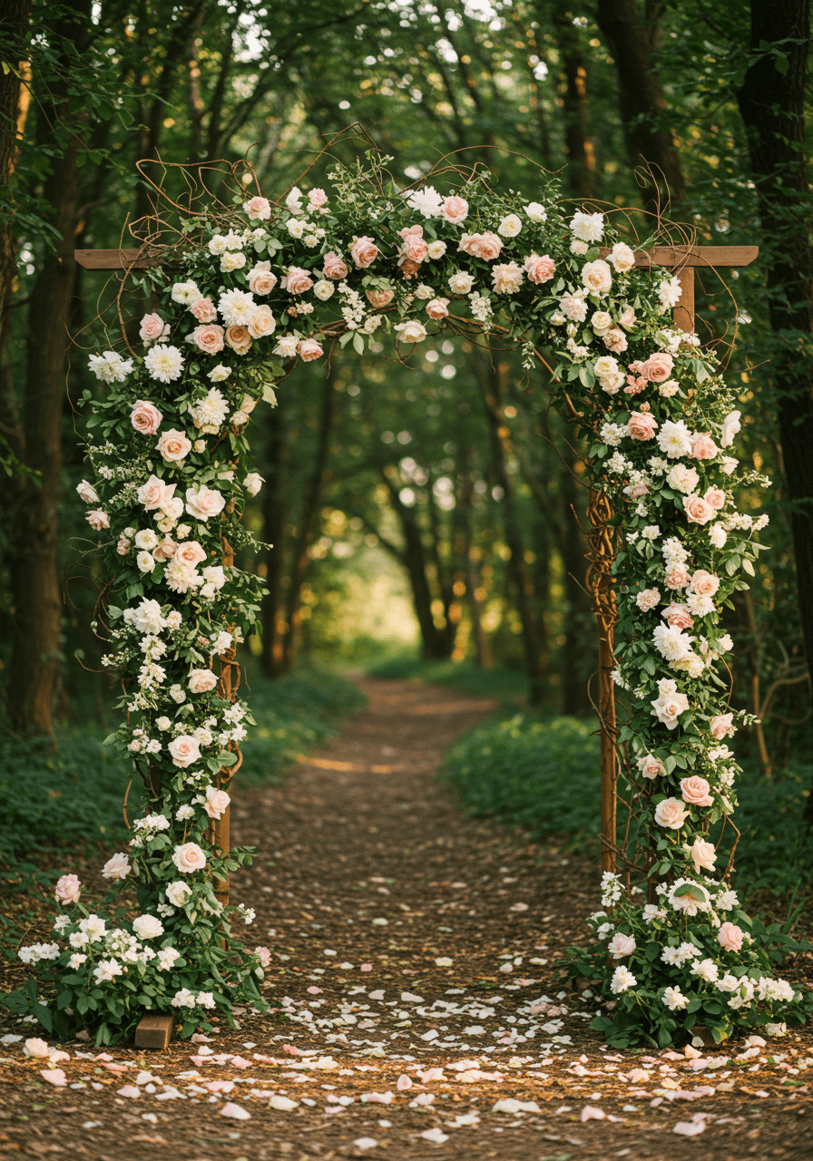 Rustic wooden arch draped with cascading jasmine and wild roses on woodland path during golden hour