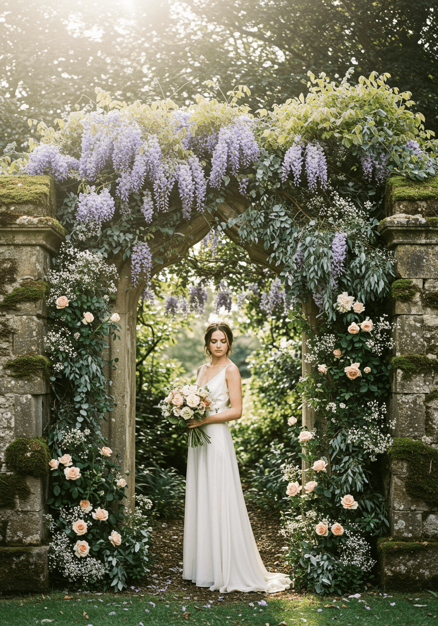 Ethereal bride in flowing ivory gown standing beneath cascading wisteria archway in abandoned garden estate