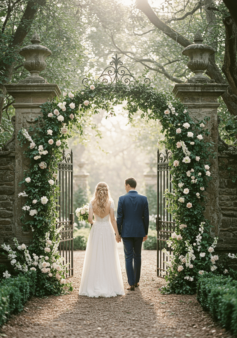 Ethereal couple embracing at ornate iron gate covered in cascading ivy and white roses