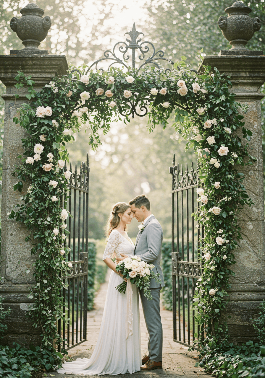 Vintage wrought iron gate adorned with white peonies opening onto cobblestone garden path