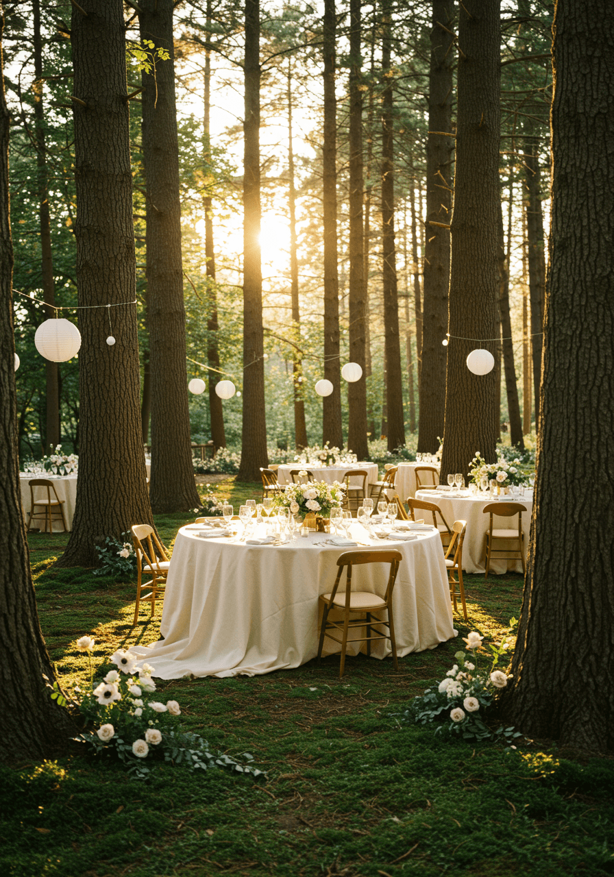 Elegant reception tables with ivory linens nestled between tree trunks in forest clearing