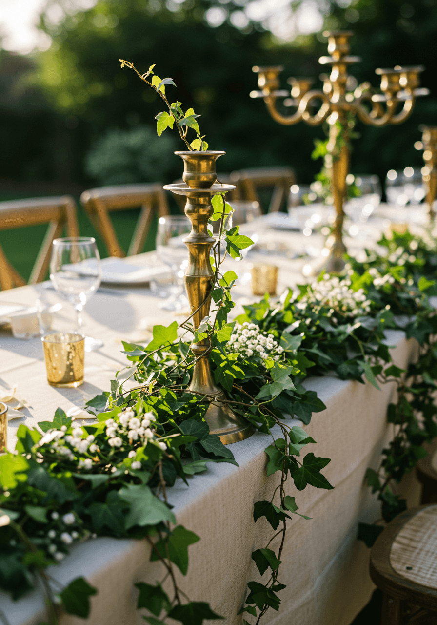 Intimate couple dining at reception table surrounded by fairy lights woven through moss-covered tree branches