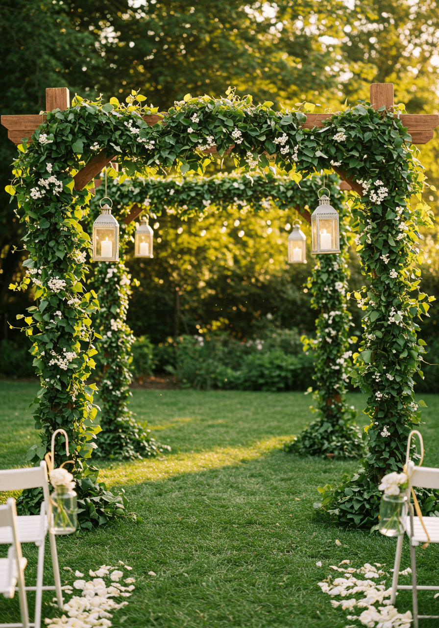 Ivy-draped ceremony altar with jasmine flowers and vintage lanterns in garden courtyard