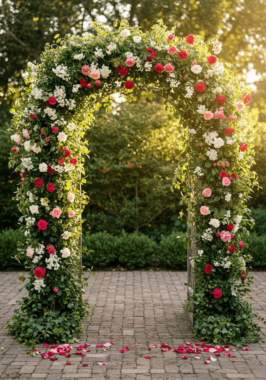Towering rose-covered ceremony arch with climbing roses and jasmine in secret garden courtyard