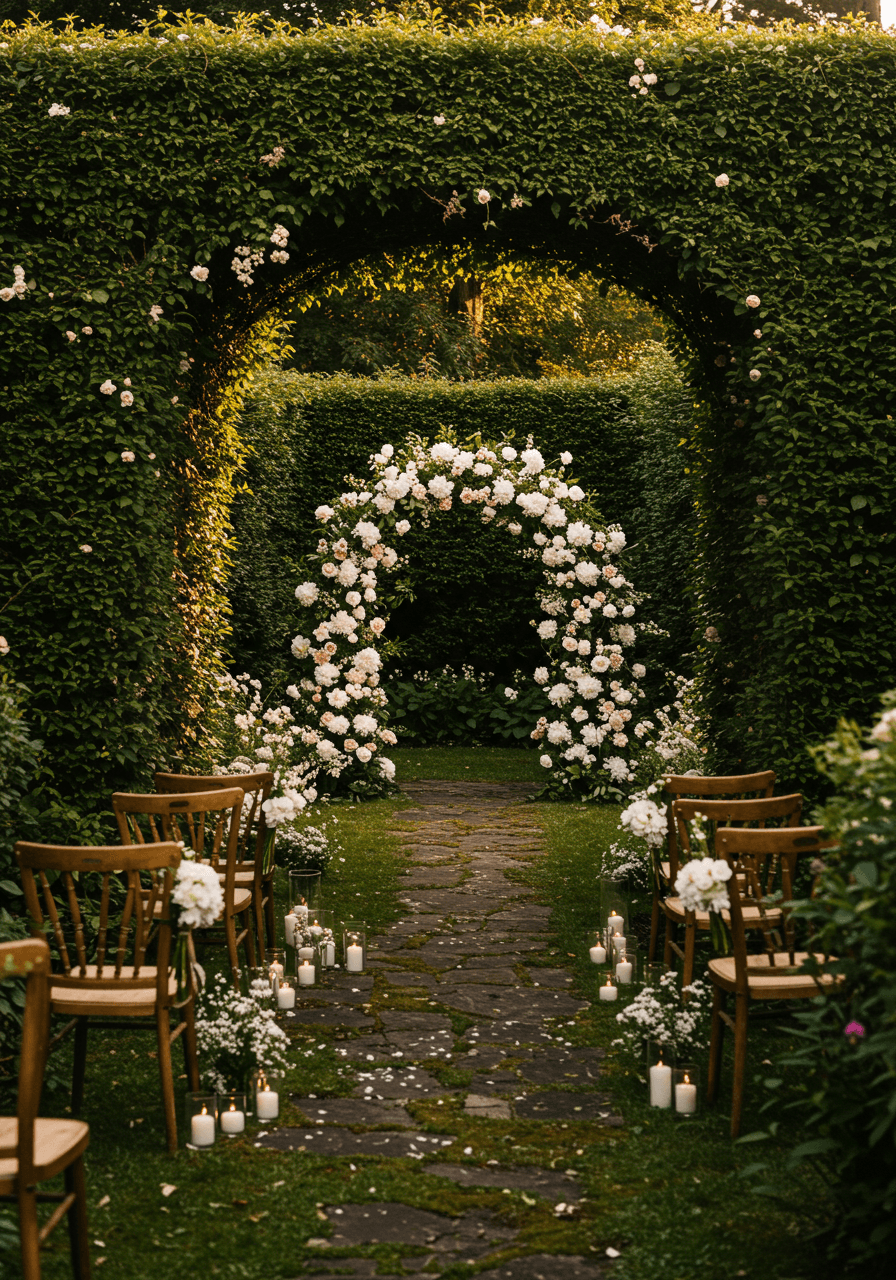 Romantic hidden ceremony setup in garden clearing surrounded by flowering hedgerows during golden hour