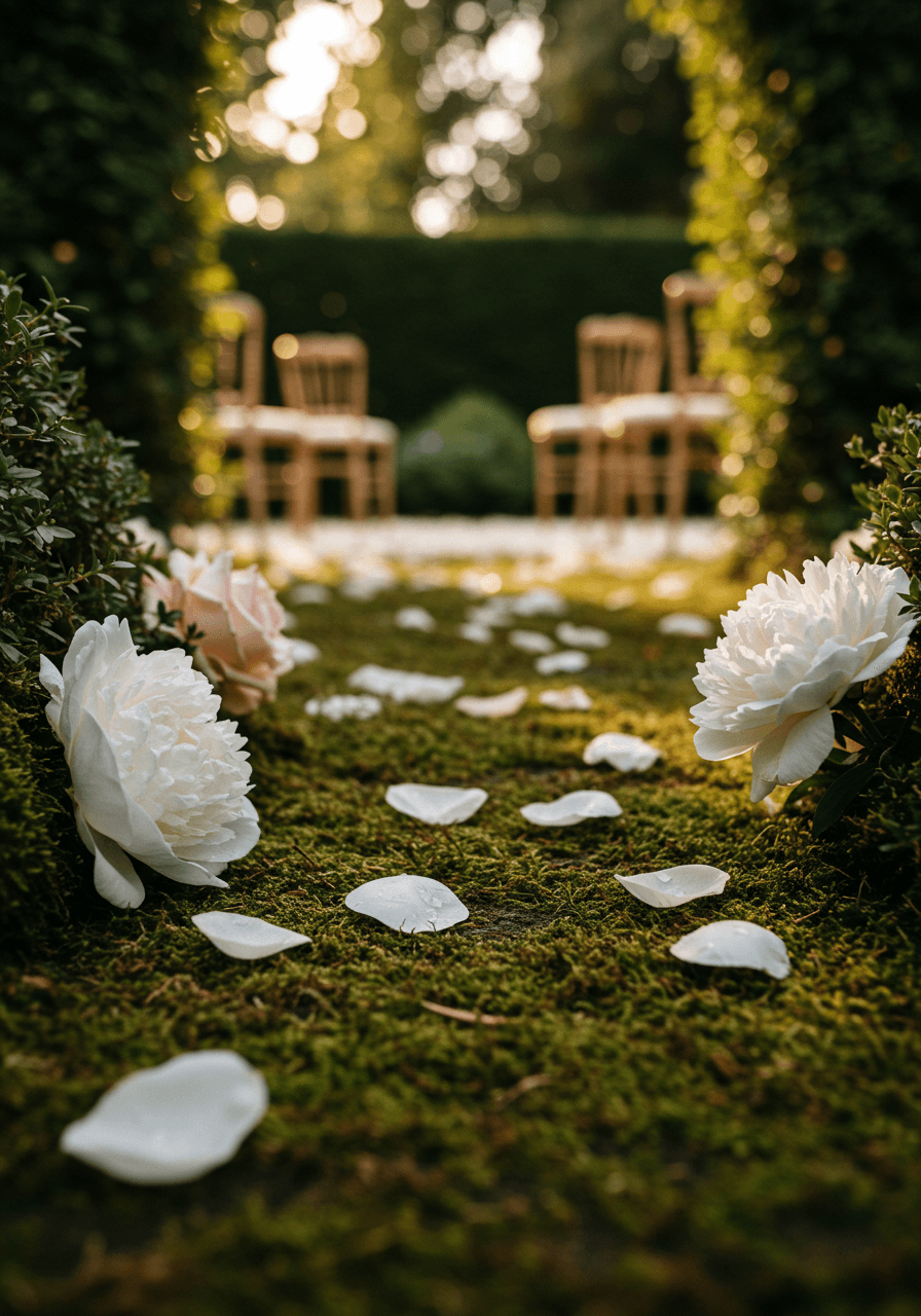 Wedding ceremony altar decorated with ivy growing up wooden posts in garden courtyard