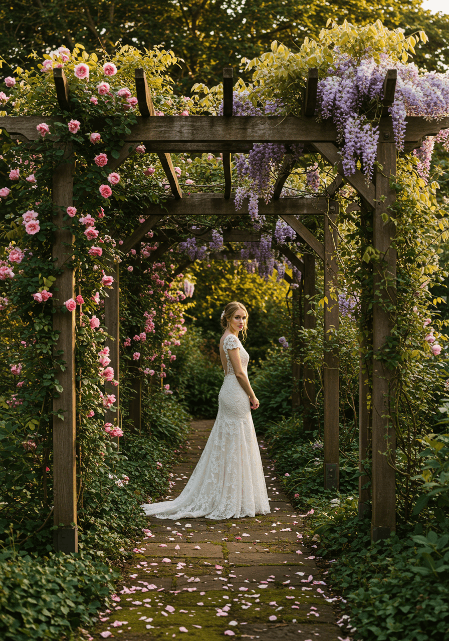 Bride in flowing dress standing beneath ornate pergola with cascading wisteria and roses