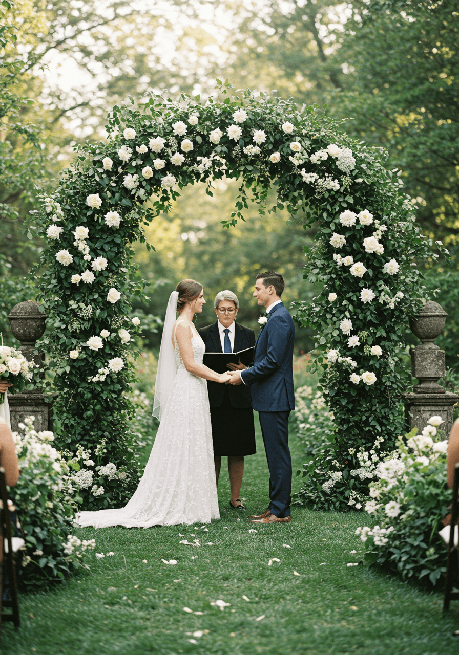 Bride and groom exchanging vows under romantic ivy and white rose archway in secret garden setting