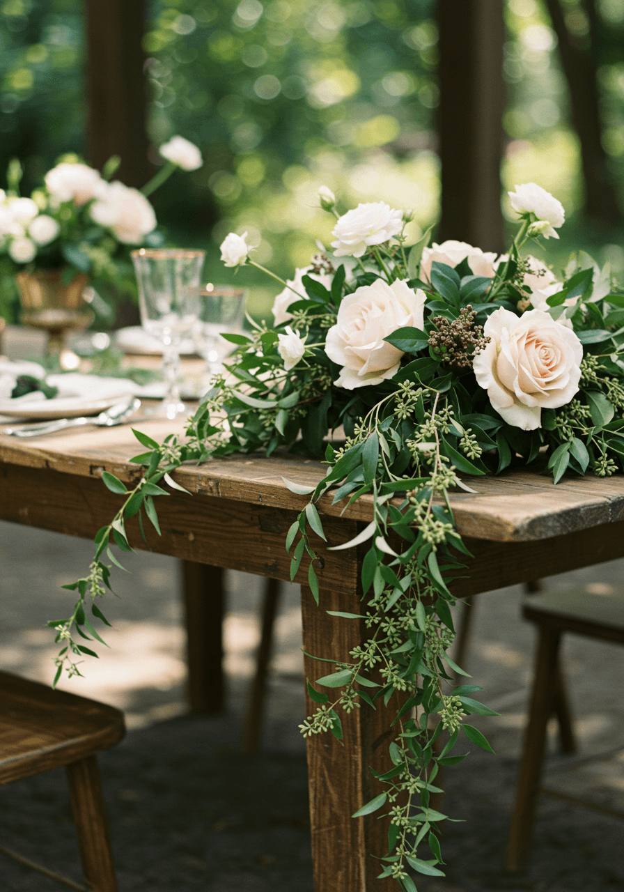Close-up detail of elaborate peony and wildflower arrangement spilling across table with moss accents