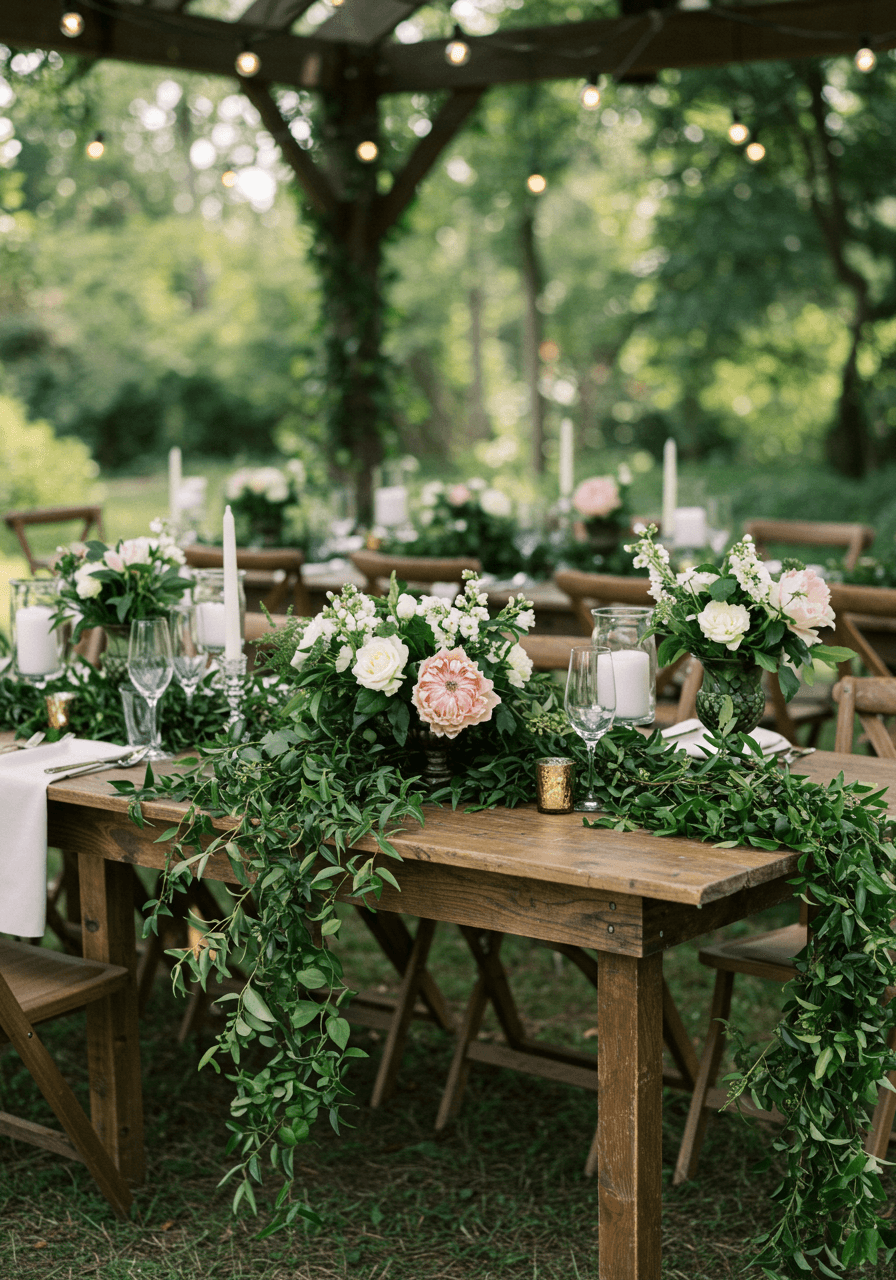Rustic farm table with wild botanical centerpieces featuring untamed greenery and cascading vines