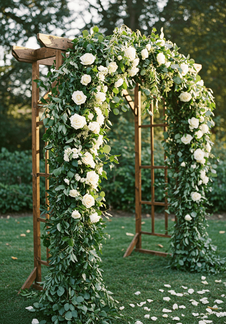 Rustic wooden arch completely draped in ivy and eucalyptus vines in garden courtyard setting
