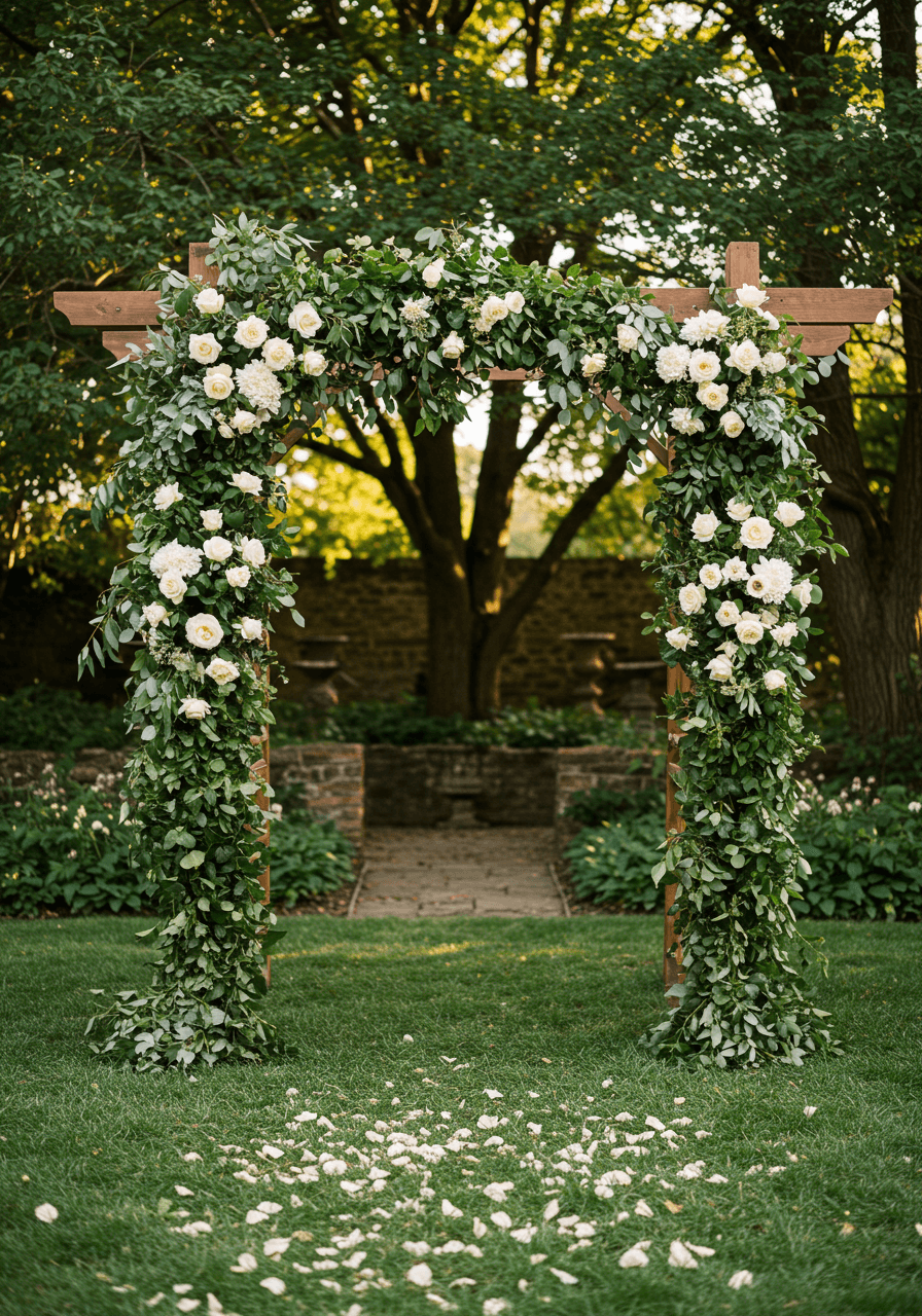 Towering ceremony altar draped with trailing eucalyptus and hanging amaranthus during golden hour