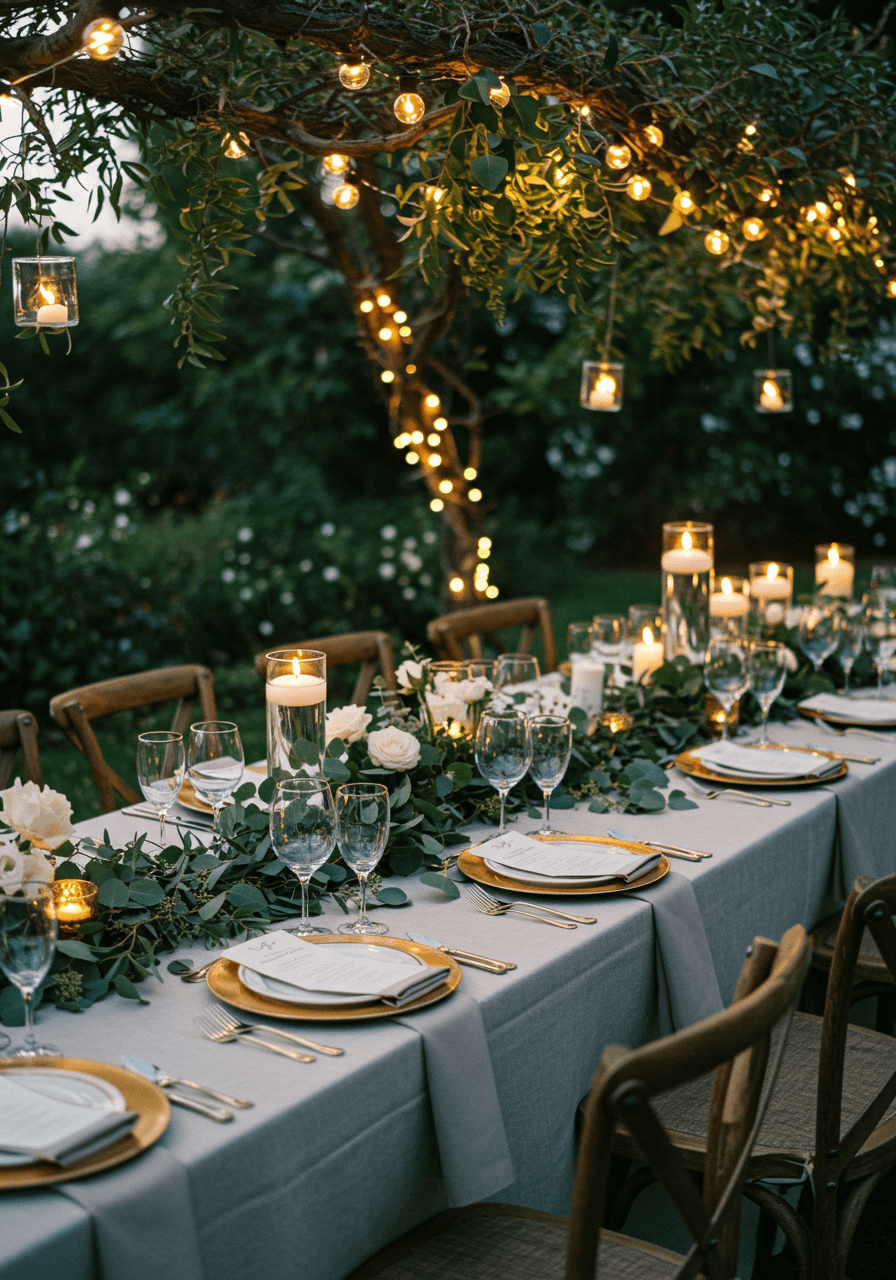 Elegant reception table setting beneath natural tree canopy with fairy lights and wild botanical centerpieces
