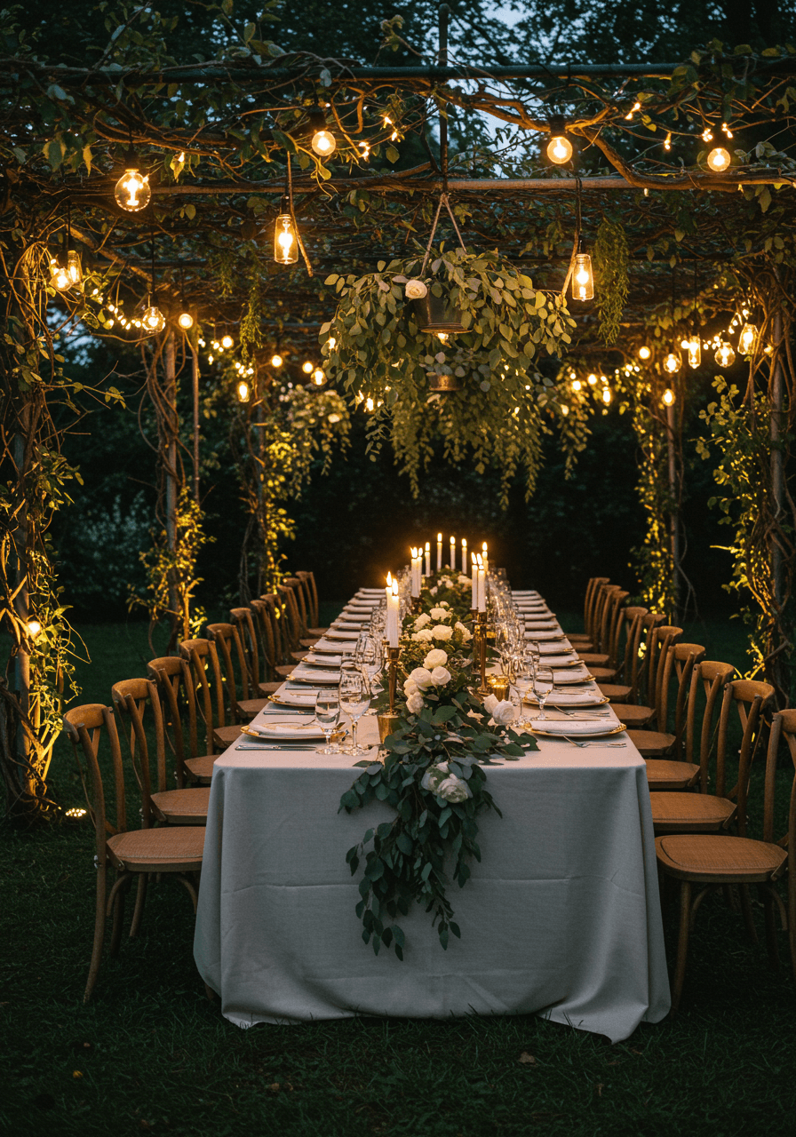 Rustic dining setup with cascading vine centerpieces in outdoor garden pavilion during afternoon light