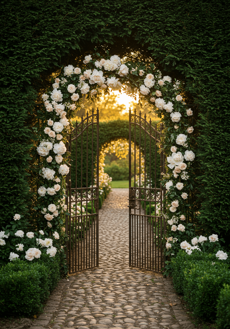Bride standing beneath overgrown rose arbor in English garden courtyard during golden hour