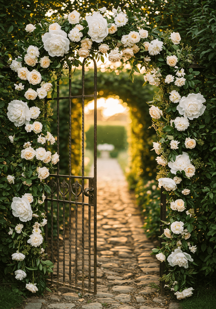 Elaborate vintage iron gate adorned with peonies and roses leading to hedgerow-lined garden pathway