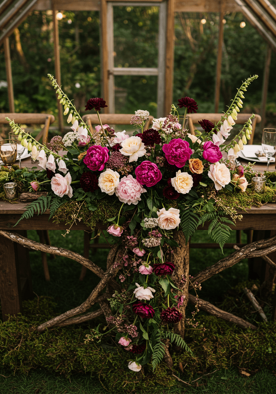 Ivy-draped wooden arch completely covered in cascading eucalyptus and white roses in garden courtyard