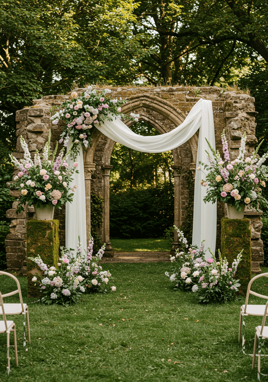 Wildflower ceremony altar with foxgloves and delphiniums among moss-covered ruins during golden hour