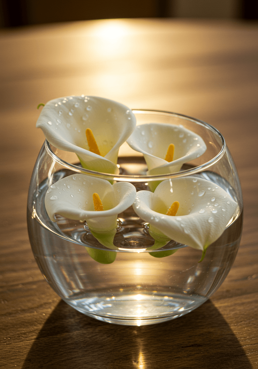 Three white calla lily blooms floating in round crystal glass bowl on rustic wooden table