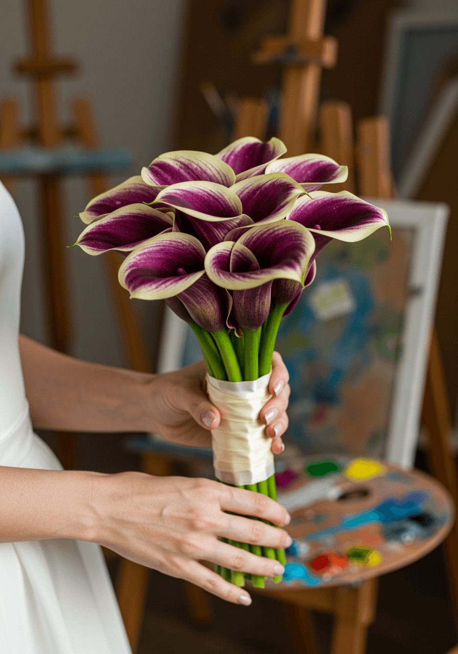 Hands holding Picasso calla lily bouquet with purple and cream striped petals in artist studio