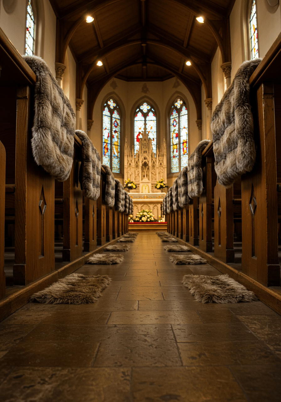 Wide view of chapel wedding ceremony with elegant brown fur throws adorning wooden pews