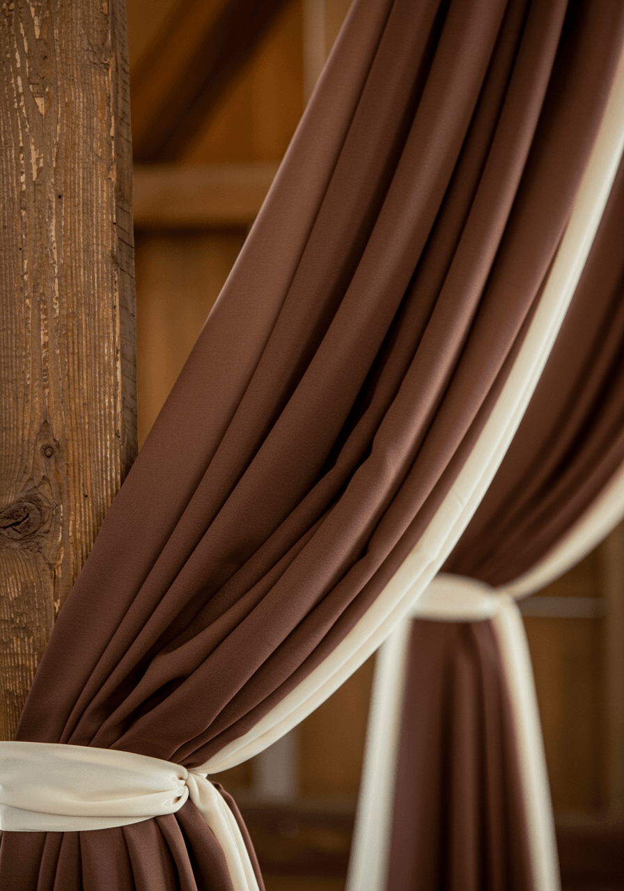 Close-up of flowing mocha brown chiffon gathered and draped on ceremony arch in rustic barn