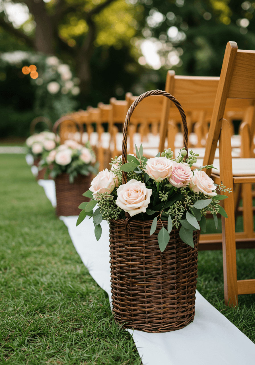 Close-up of brown wicker basket filled with blush roses and greenery along white fabric aisle runner