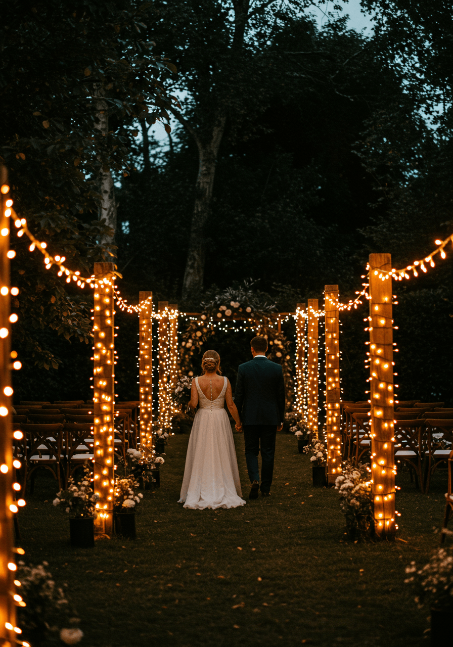 Bride and groom walking hand-in-hand down romantic aisle lined with brown fairy lights between wooden posts
