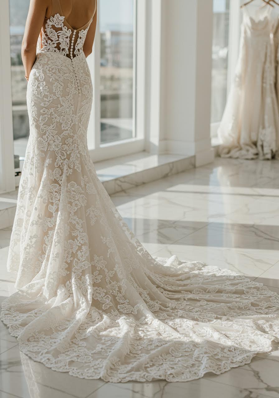 Sophisticated fitted lace wedding gown with dramatic train and intricate embroidery