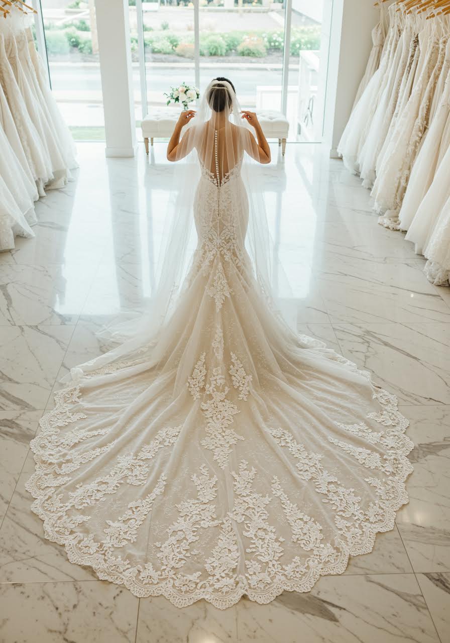 Contemporary mermaid silhouette featuring detailed lace work and flowing train in elegant venue