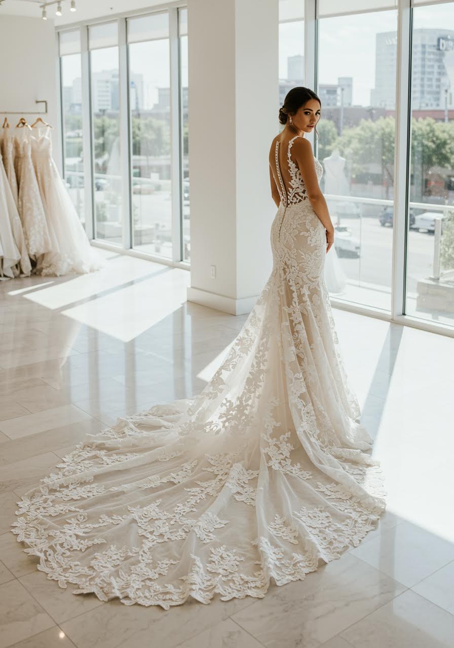Modern mermaid lace wedding dress with cathedral train in contemporary bridal boutique
