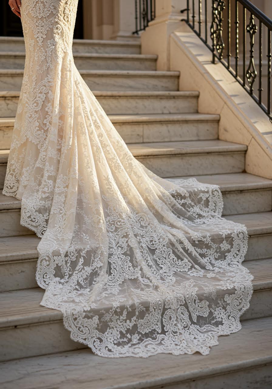 Cathedral train detail showing Alençon lace patterns cascading down marble steps