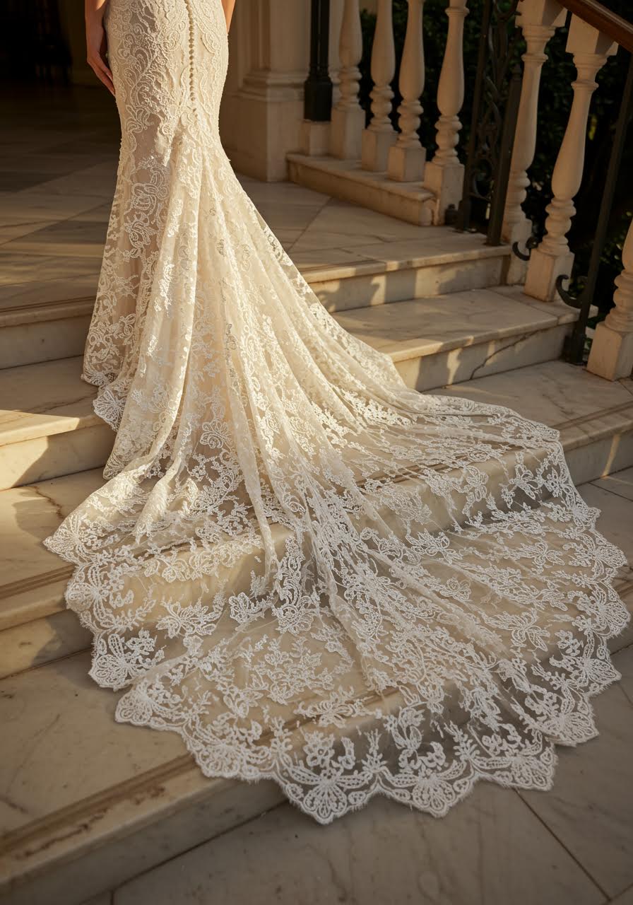 Elegant cathedral train with delicate floral lace motifs pooling on marble courtyard