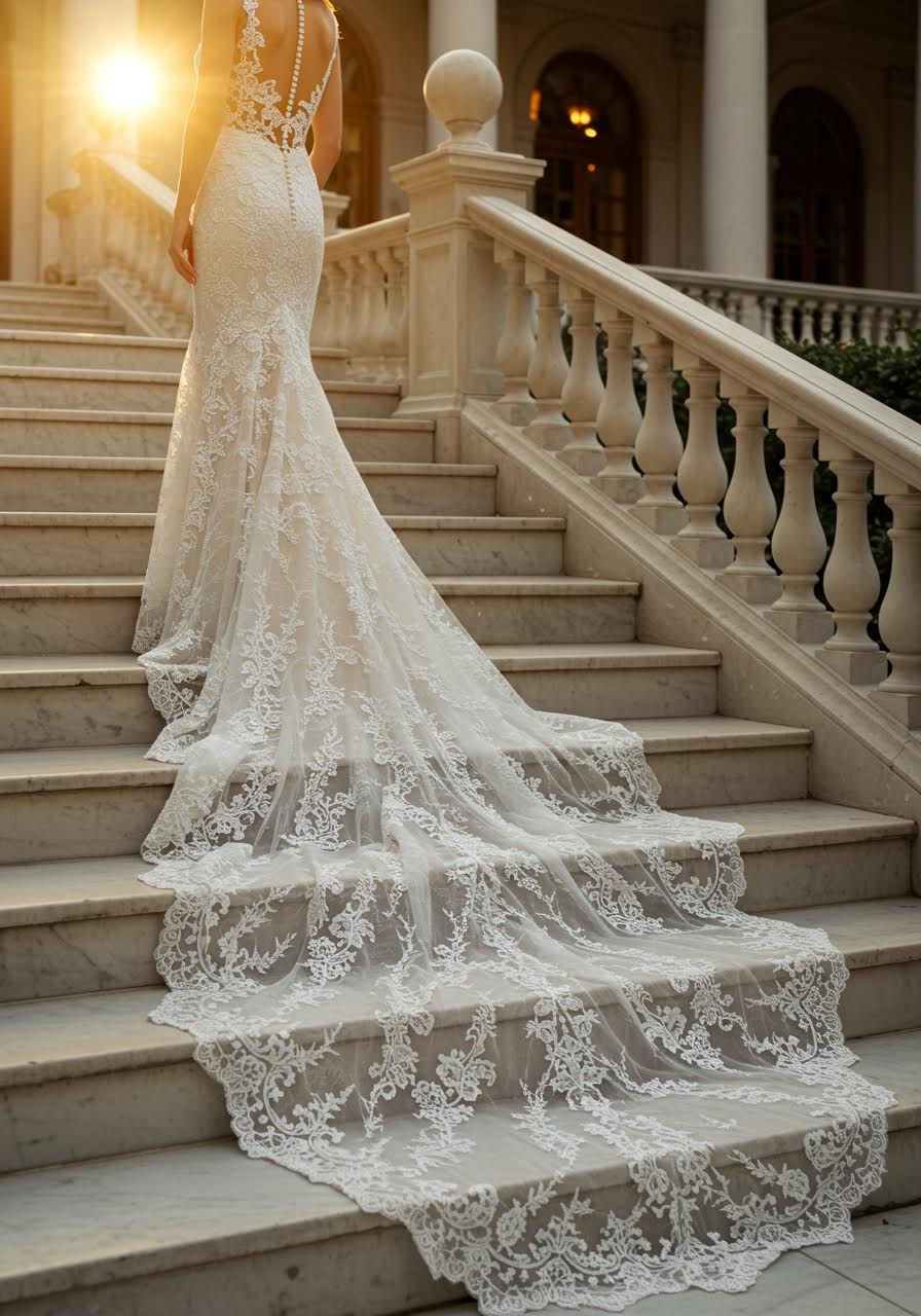 Intricate lace train embroidery with subtle sparkle captured in golden hour lighting