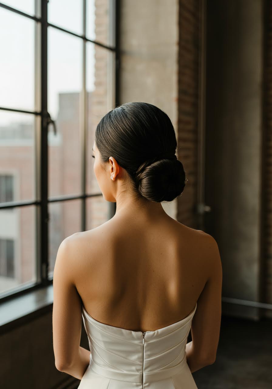 Contemporary low bun showcasing precise styling detail