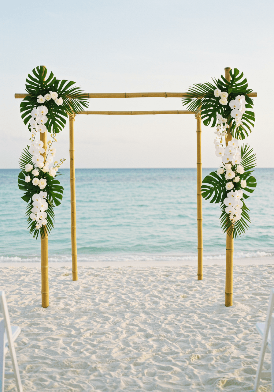 Minimalist bamboo wedding arch with white tropical flowers on pristine beach with turquoise water during golden hour