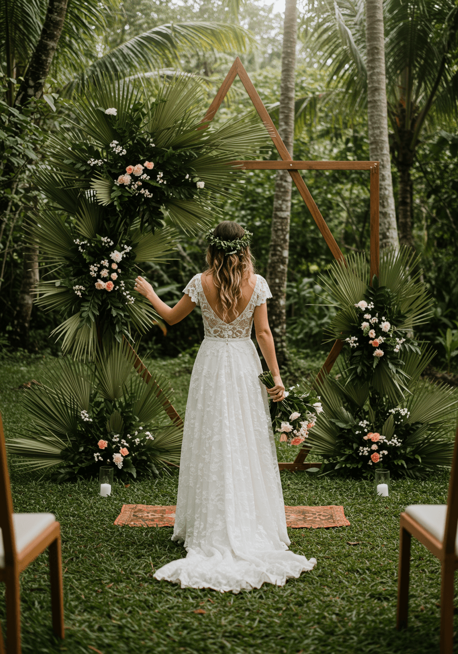 Bride in flowing dress admiring palm frond arrangements at wooden altar in soft morning light