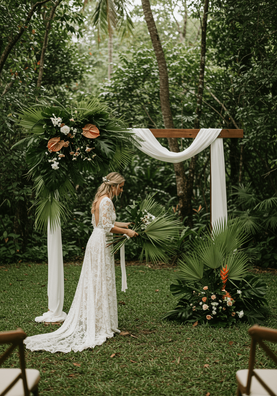 Bohemian bride arranging large tropical palm fronds around minimalist wooden ceremony arch in jungle clearing