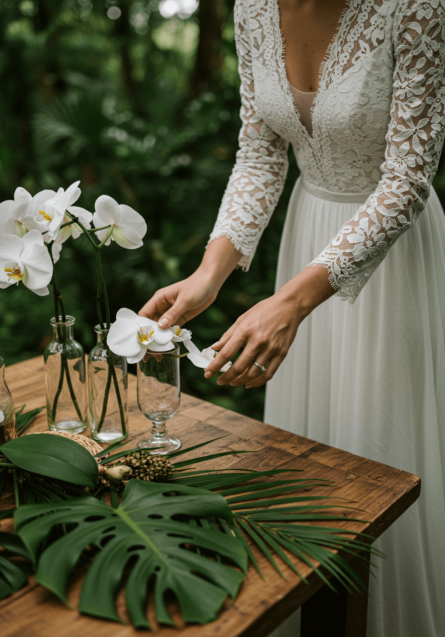Bride gently touching white orchid bloom in glass vessel during soft morning light