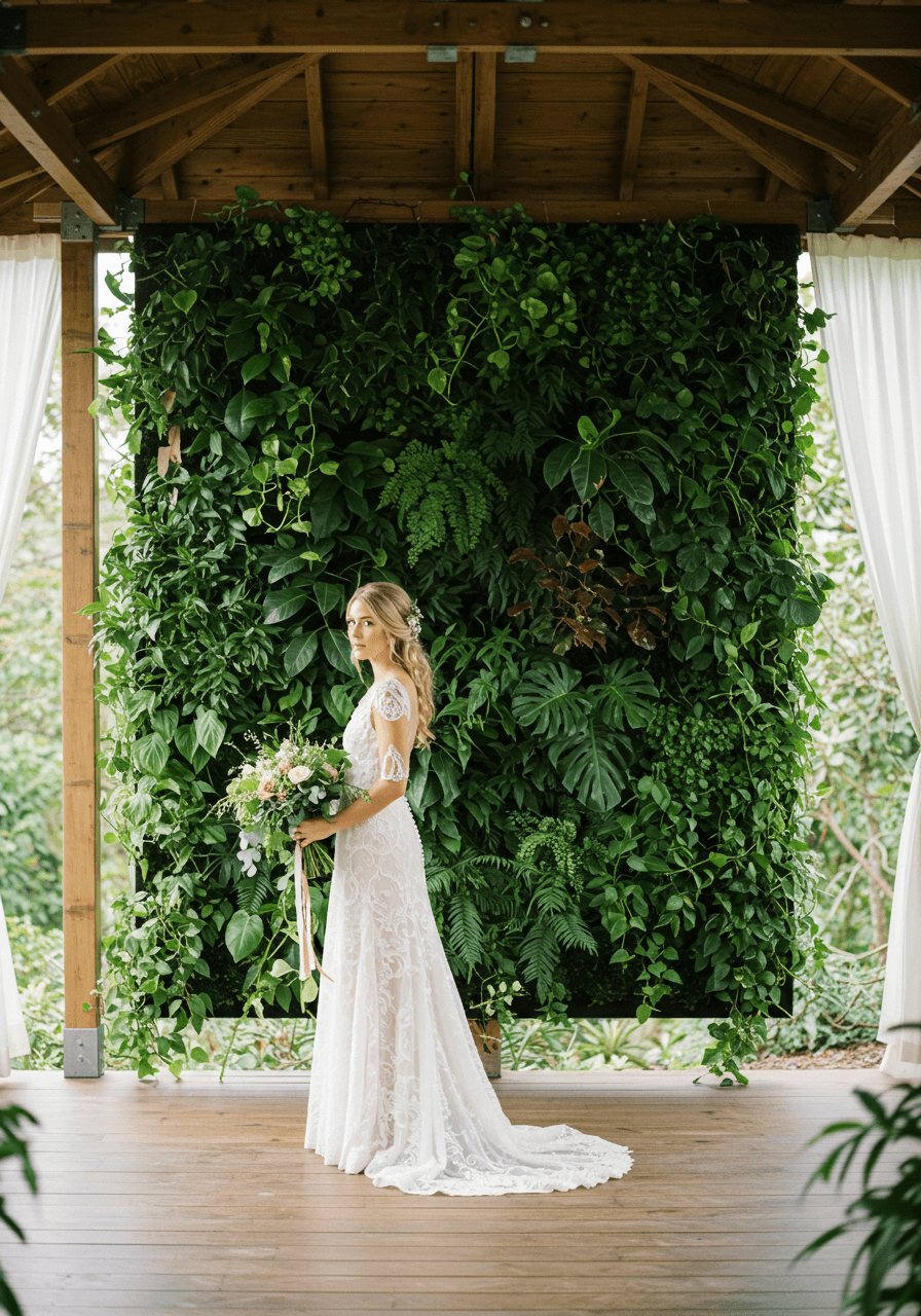 Bohemian bride in flowing lace dress standing beside elaborate tropical living wall with ferns and philodendrons in minimalist pavilion