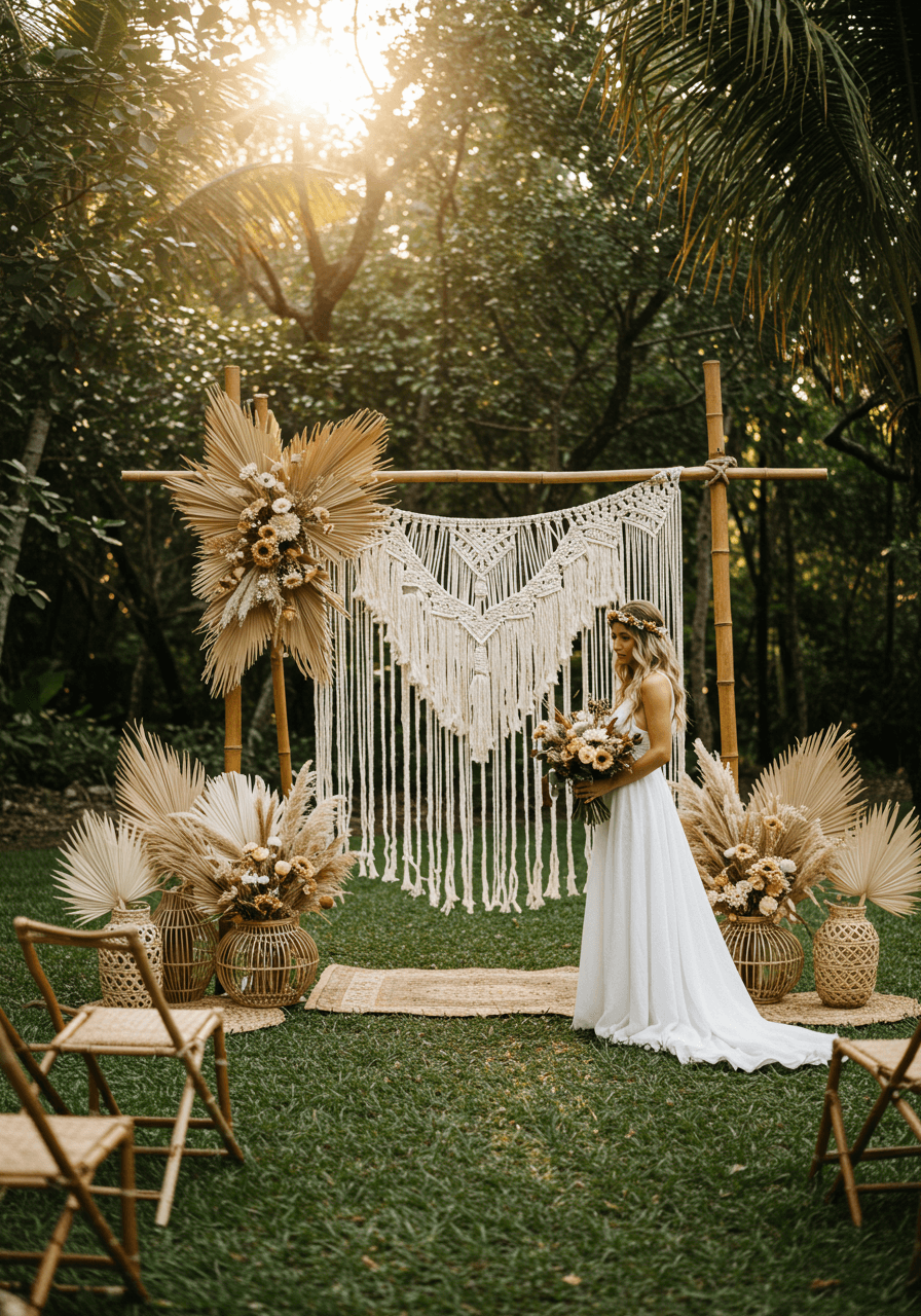 Bohemian bride beside altar with woven jute runners and macrame ceremony backdrops in tropical jungle clearing