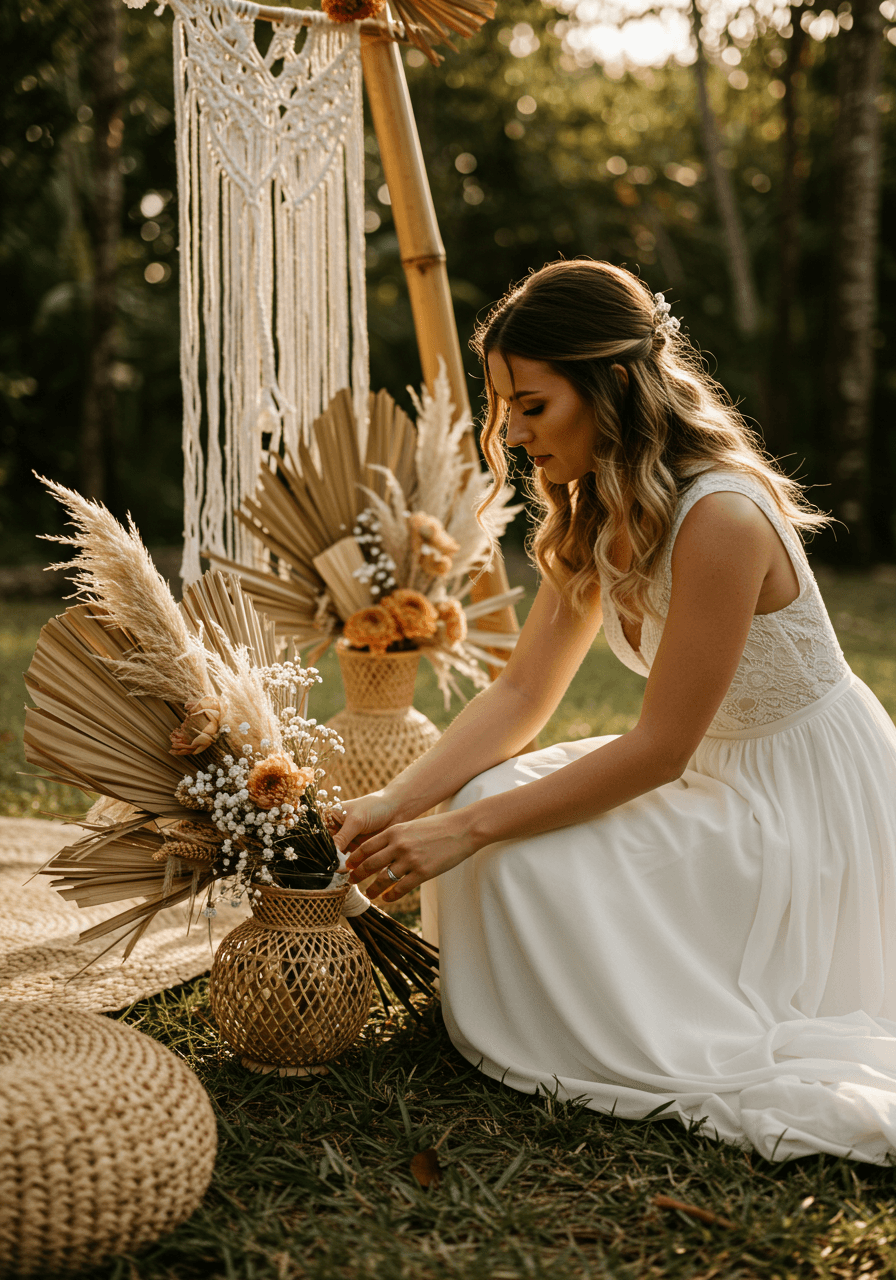 Bride kneeling beside bamboo arch adorned with natural fiber ceremony decorations