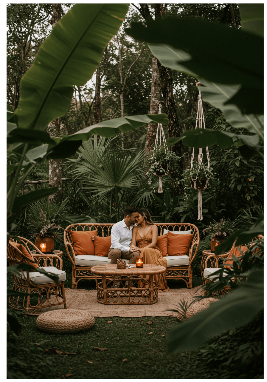 Couple on woven rattan loveseat with terracotta cushions in lush jungle clearing with tropical privacy screens