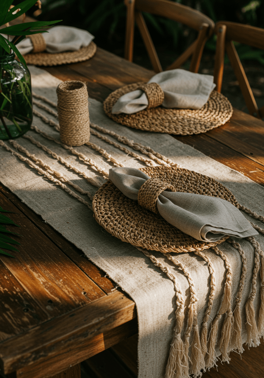 Handwoven linen runners and jute placemats with sisal napkin rings on rustic wooden table in jungle pavilion